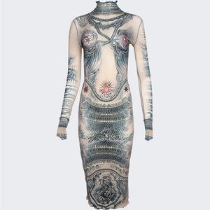JEAN PAUL GAULTIER HIGH NECK PRINTED SOLEIL DRESS NUDE AND BLUE MEDIUM